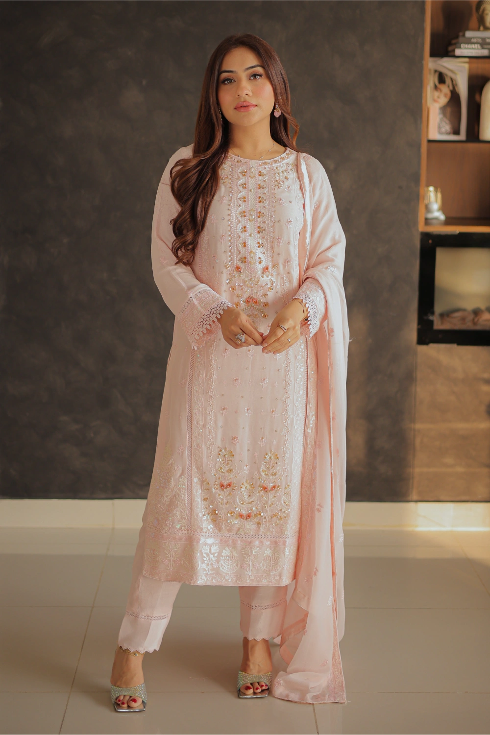 Powder Pink Embroidered Straight Suit | Mirha Edit '26 | Pakistani Formal Wear – London