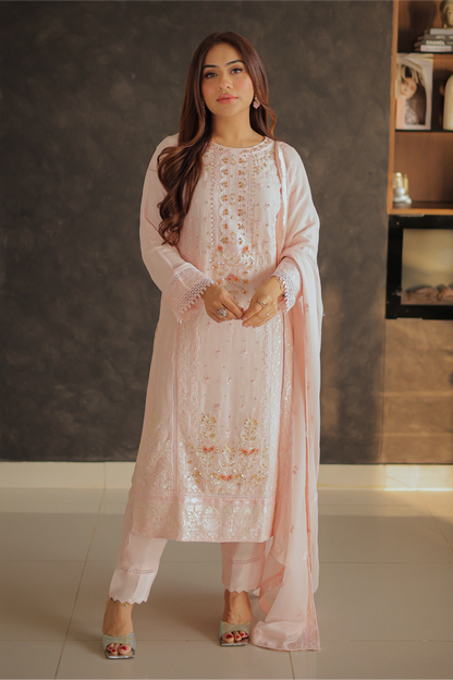 Powder Pink Embroidered Straight Suit | Mirha Edit '26 | Pakistani Formal Wear – London