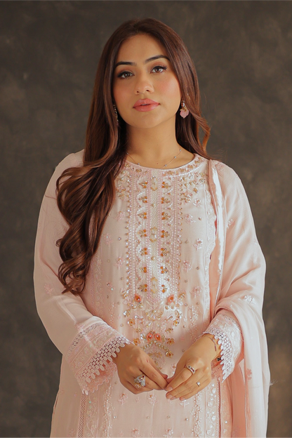Powder Pink Embroidered Straight Suit | Mirha Edit '26 | Pakistani Formal Wear – London