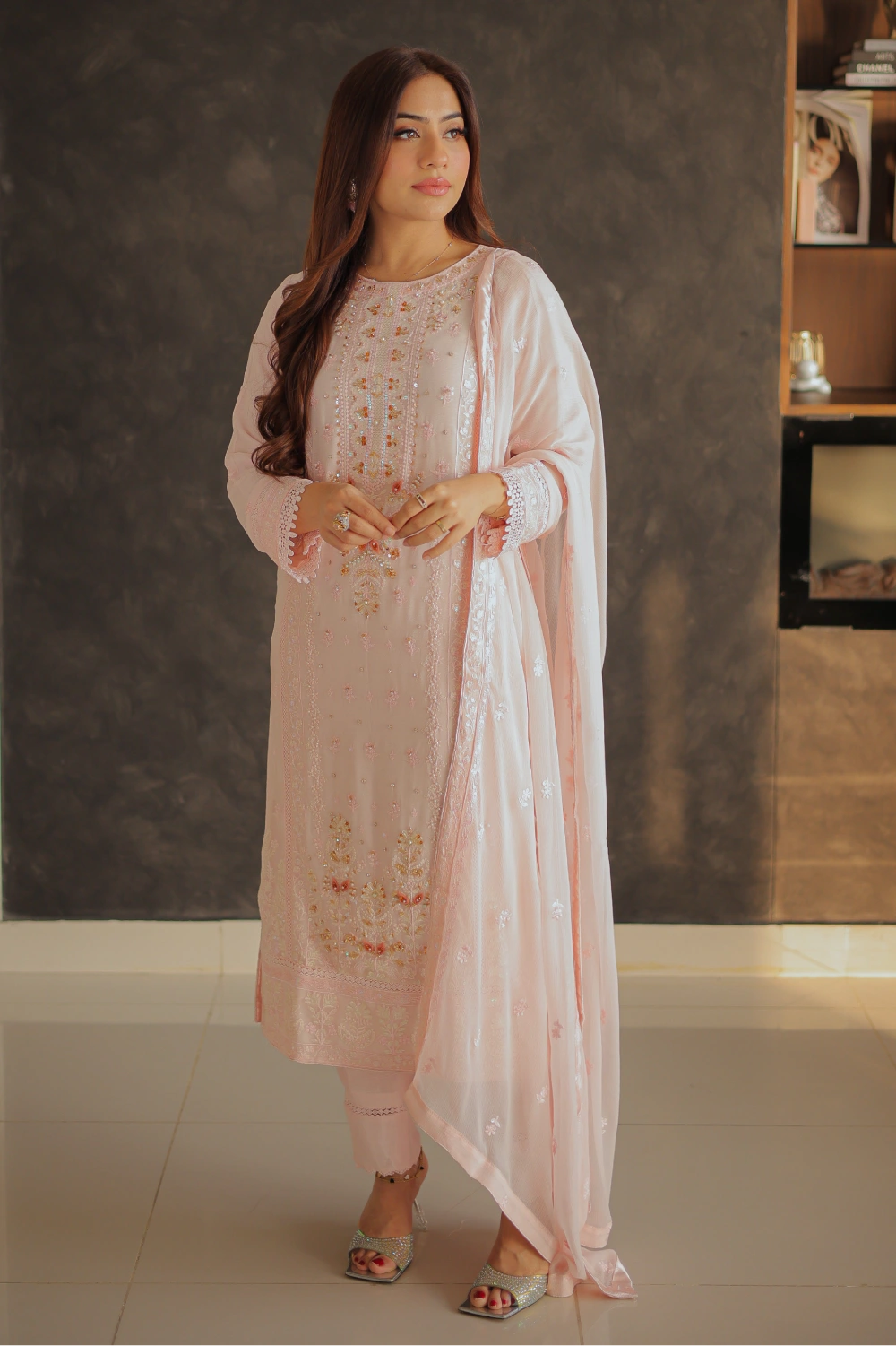 Powder Pink Embroidered Straight Suit | Mirha Edit '26 | Pakistani Formal Wear – London