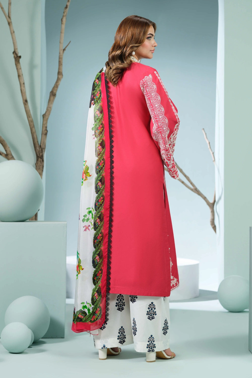 Coral Pink Embroidered Kurta Set | Ready to Wear | Doli London