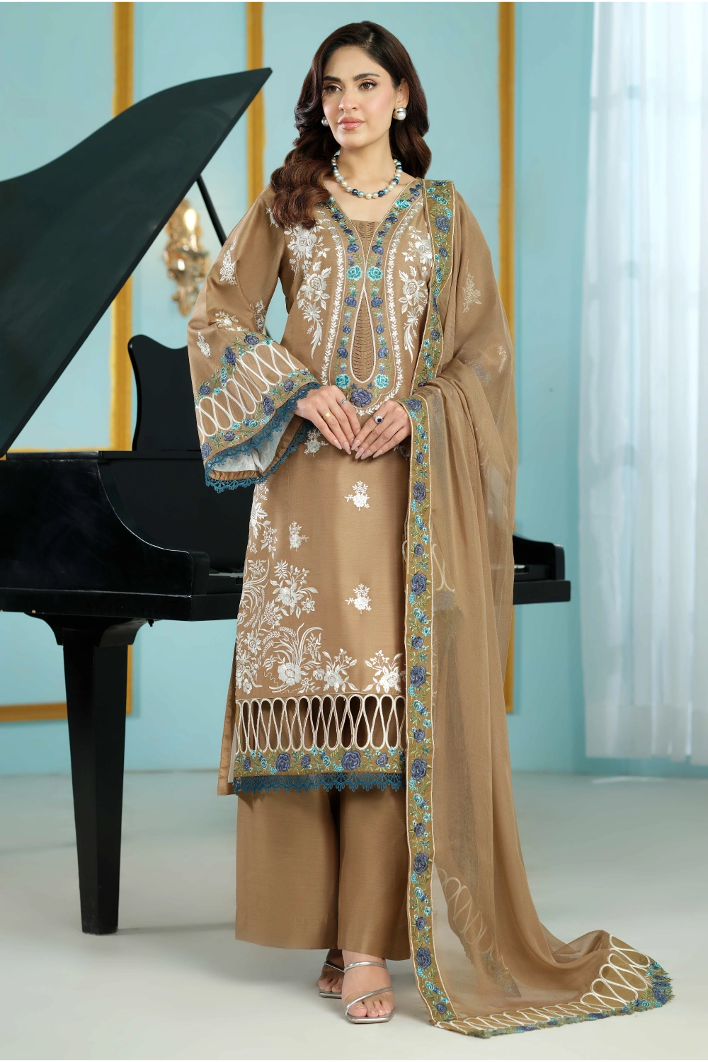 Beige Embroidered Kurta Set | Ready to Wear | Doli London