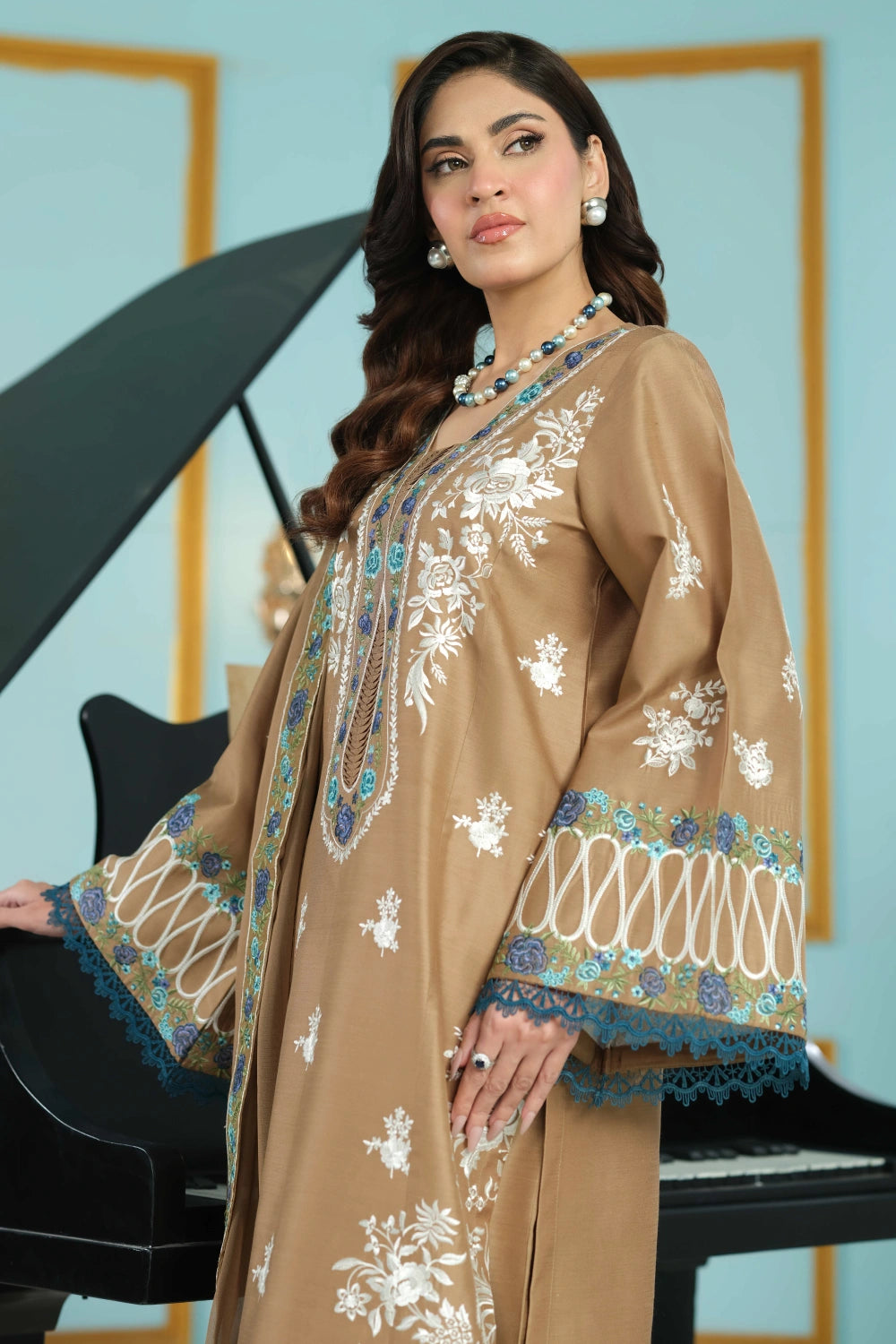 Beige Embroidered Kurta Set | Ready to Wear | Doli London
