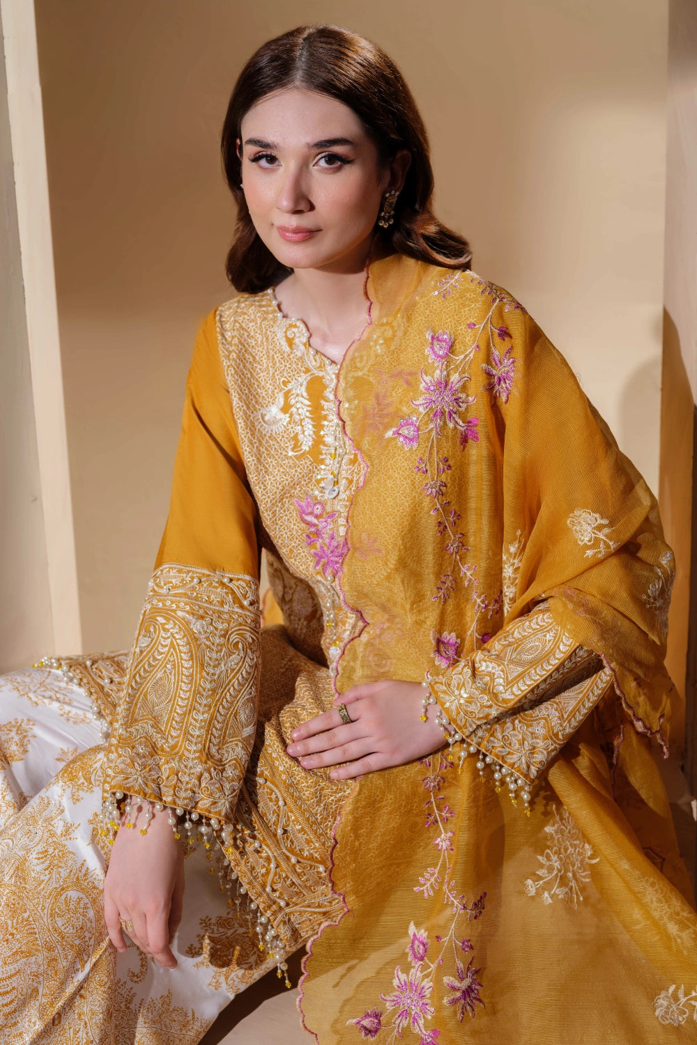 Mustard Yellow Embroidered Kurta Set | Ready to Wear | Doli London