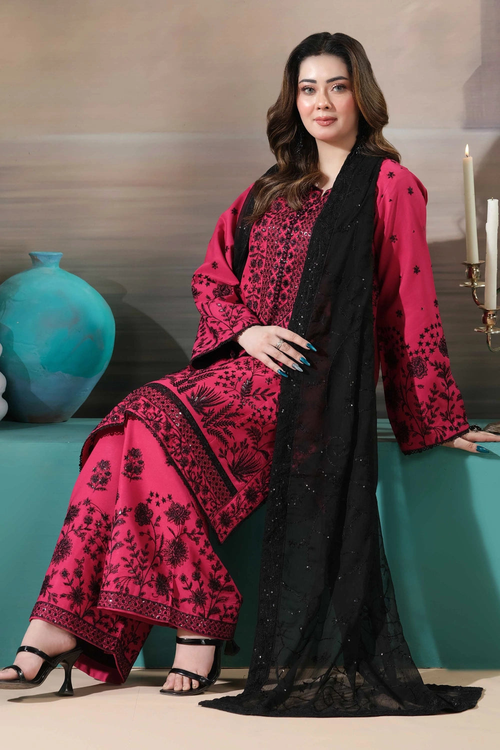 Hot Pink Printed Kurta Set | Ready to Wear | Doli London