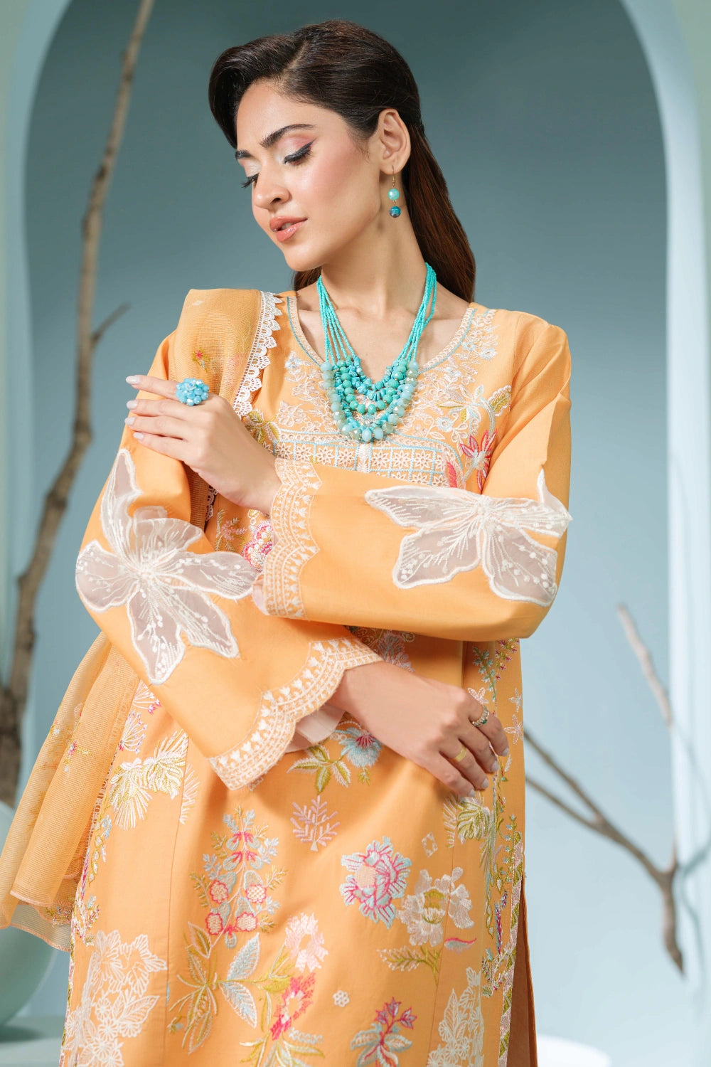 Peach Embroidered Kurta Set | Ready to Wear | Doli London