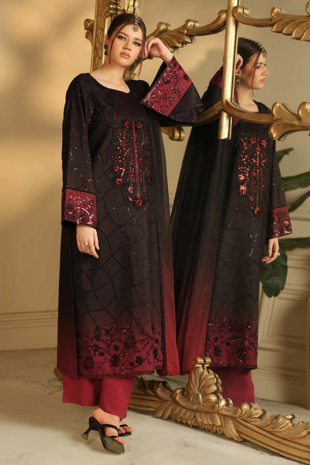 Black Ombre Embellished Kurta Set | Ready to Wear | Doli London