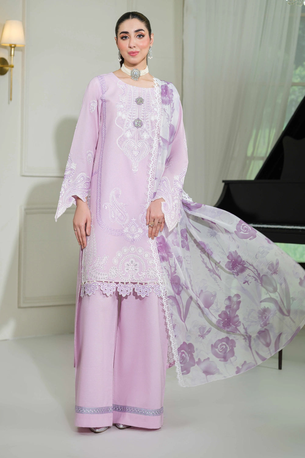 Lilac Embroidered Kurta Set | Ready to Wear | Doli London