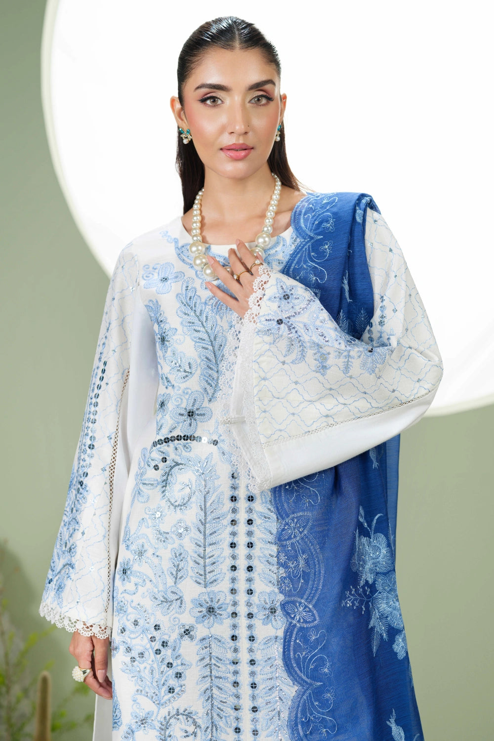Ivory & Blue Embroidered Kurta Set | Ready to Wear | Doli London