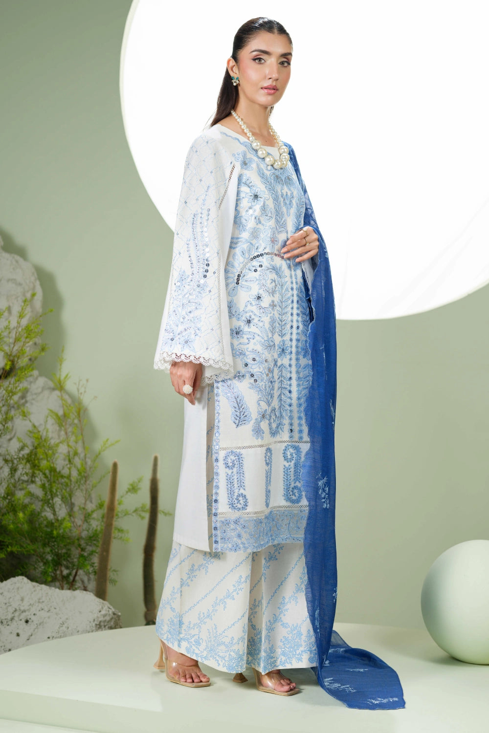 Ivory & Blue Embroidered Kurta Set | Ready to Wear | Doli London