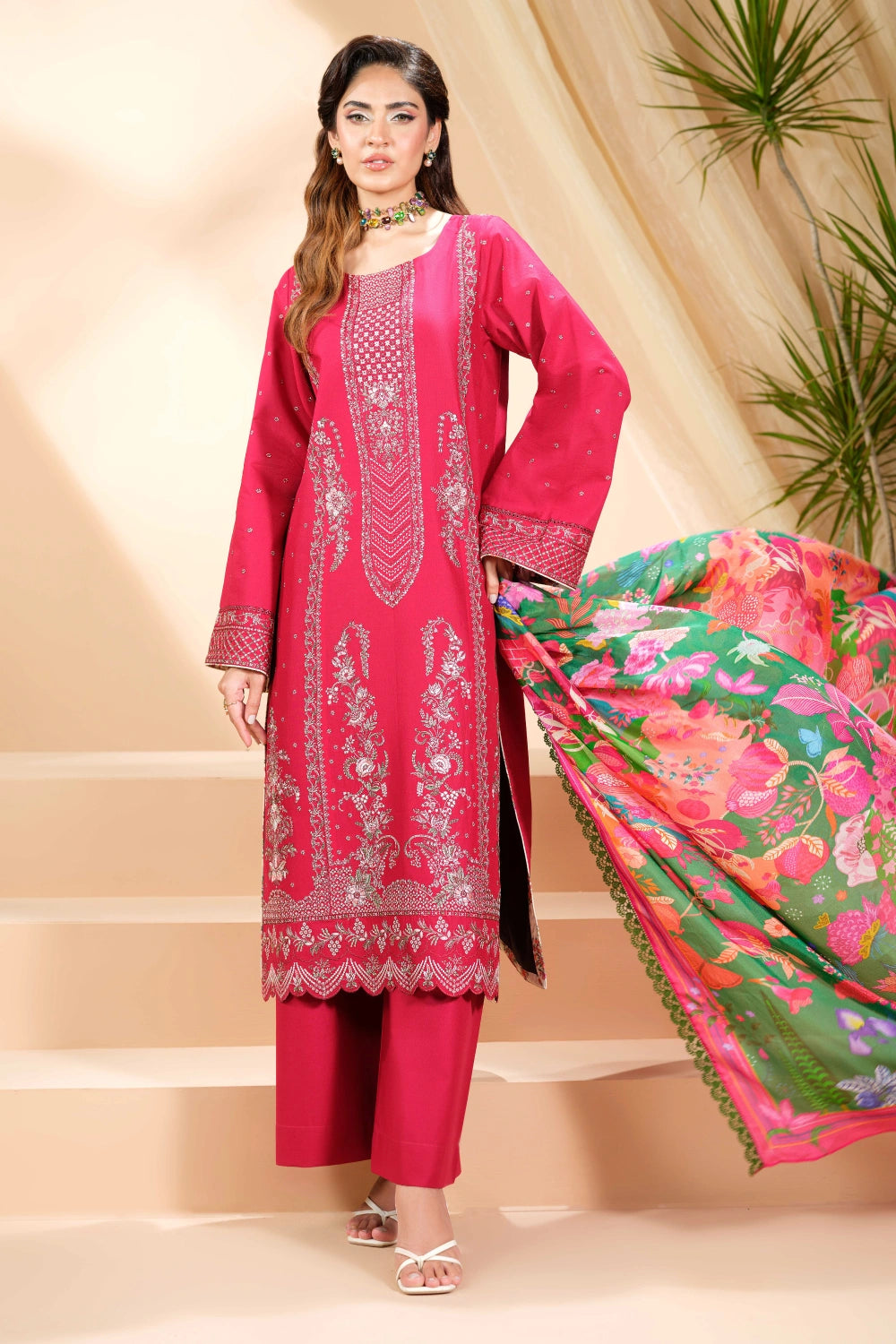 Rani Pink Embroidered Kurta Set | Ready to Wear | Doli London