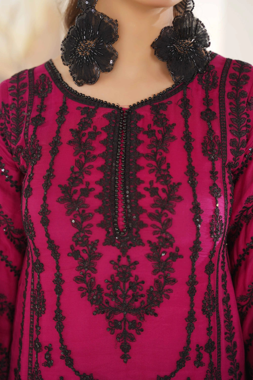 Magenta & Black Embroidered Kurta Set | Ready to Wear | Doli London