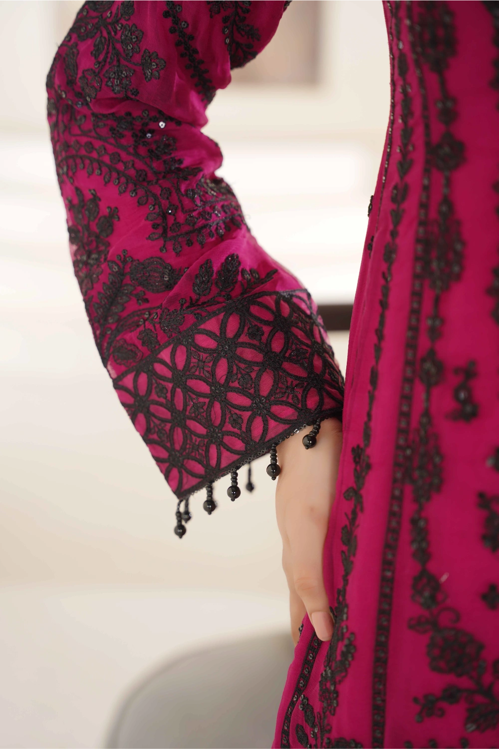 Magenta & Black Embroidered Kurta Set | Ready to Wear | Doli London