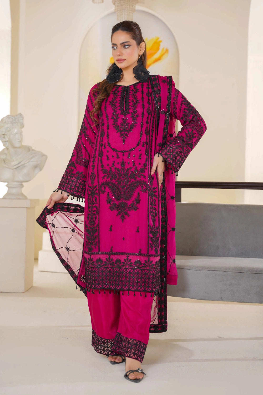 Magenta & Black Embroidered Kurta Set | Ready to Wear | Doli London