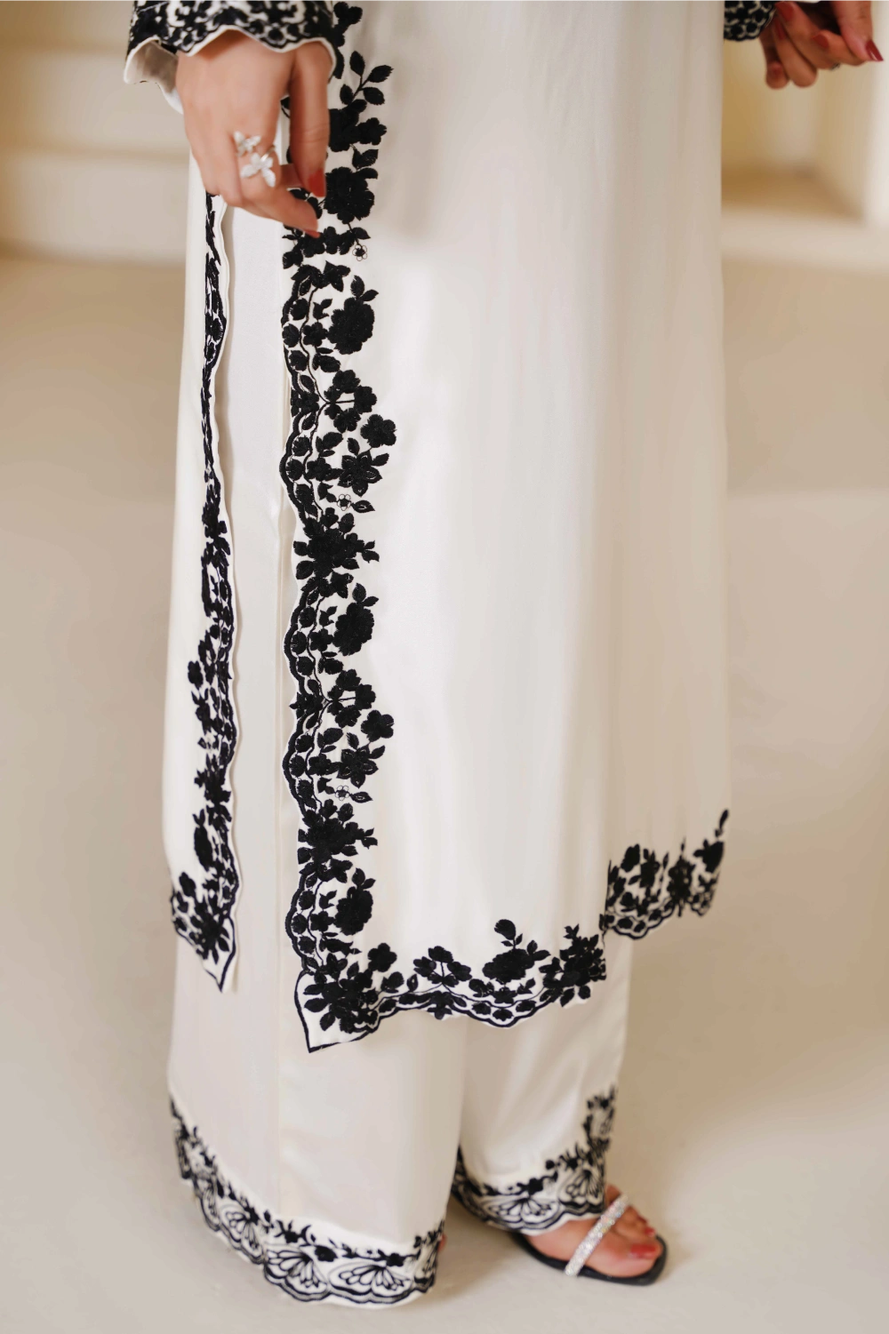 White & Black Embroidered Kurta Set | Ready to Wear | Doli London