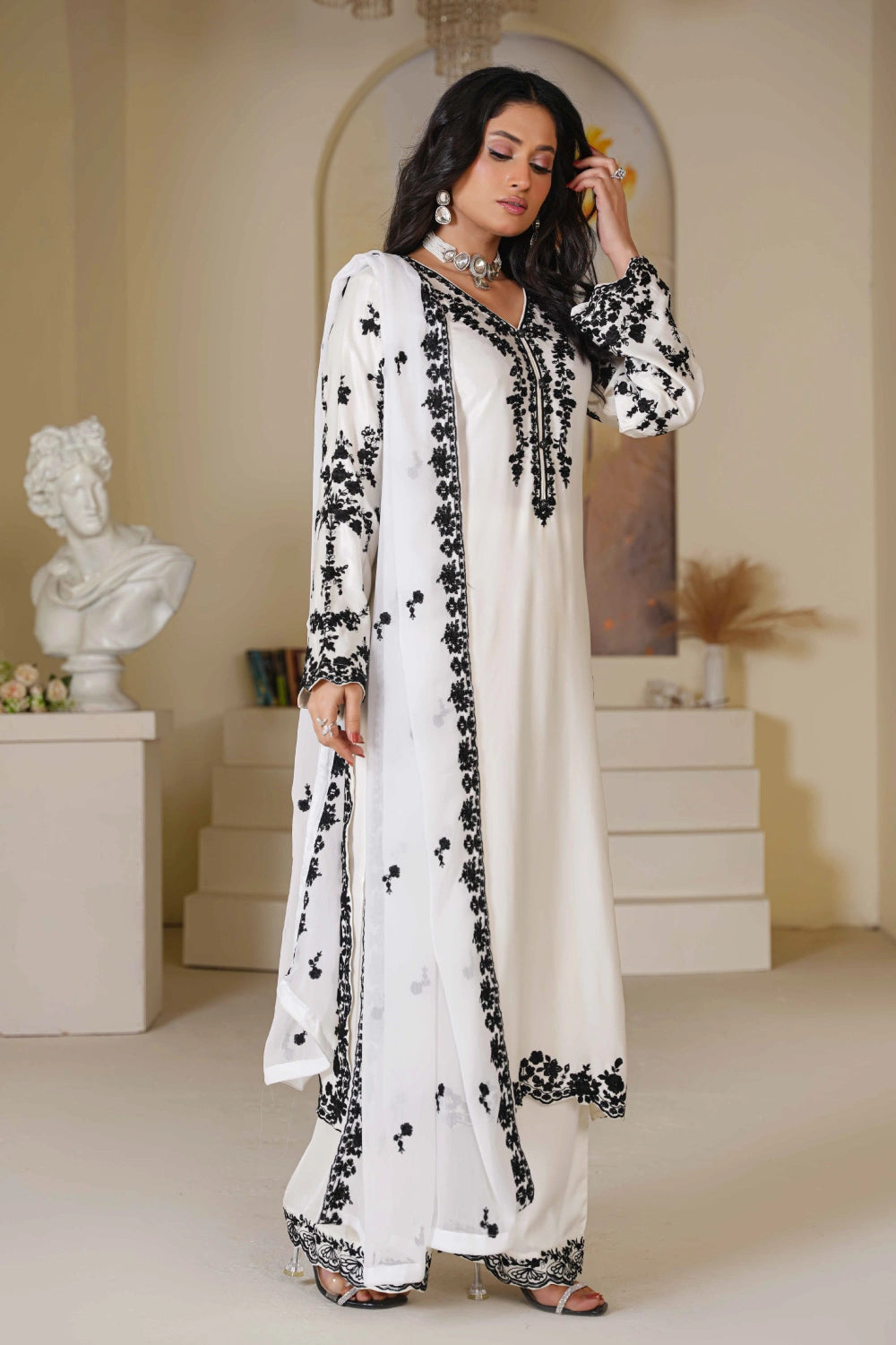White & Black Embroidered Kurta Set | Ready to Wear | Doli London