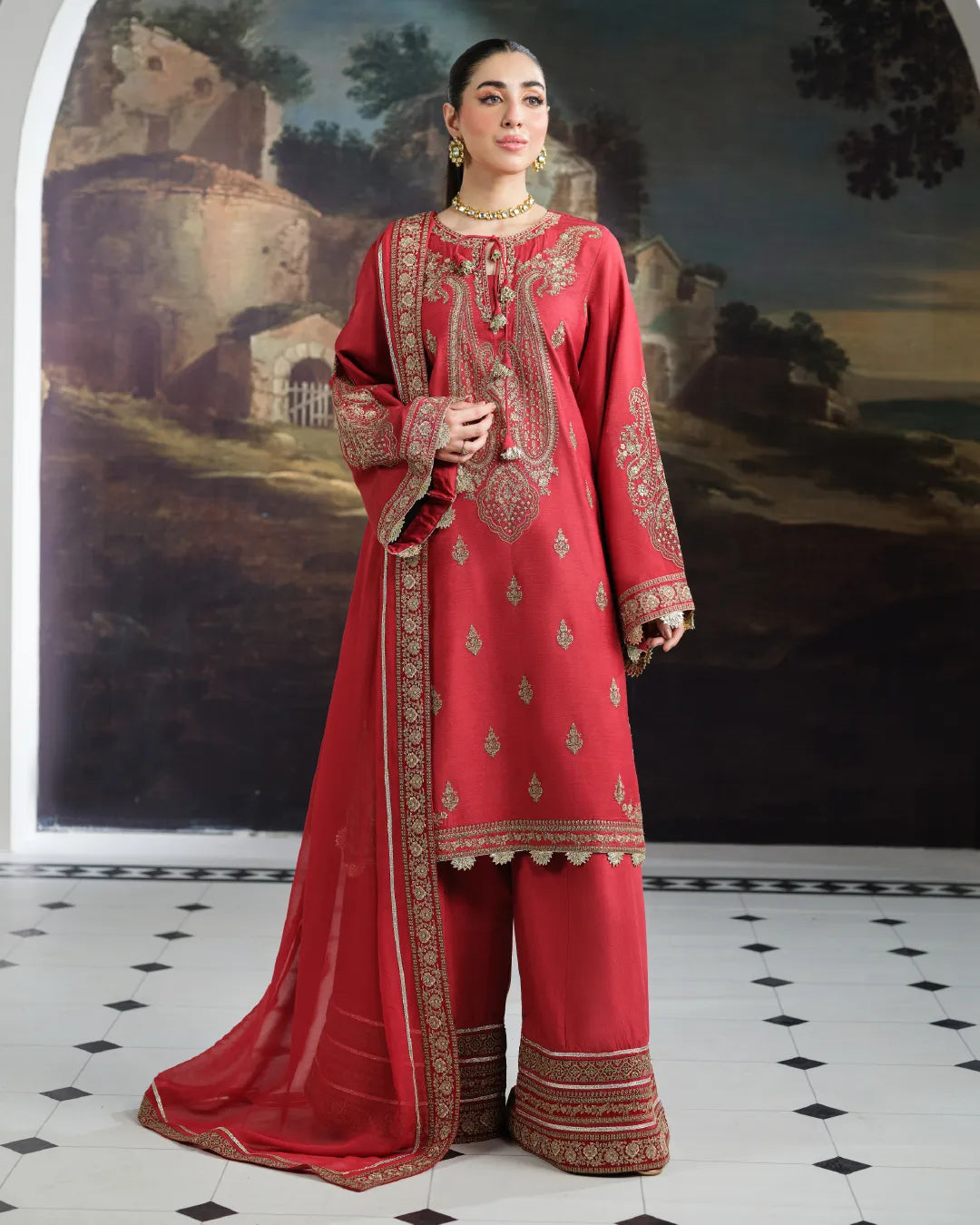 RED ALIZAH HEAVY EMBROIDERED DNZ NO-15