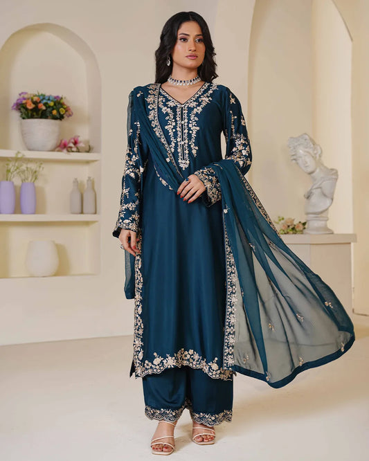 TEAL BLUE ZOYA HEAVY DESIGNER EMBROIDERD COLLECTION DNZ NO-1141