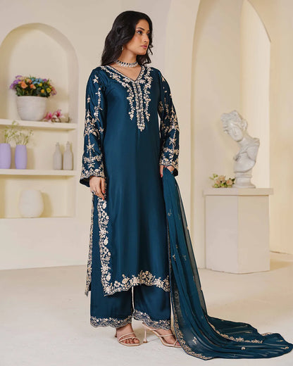 TEAL BLUE ZOYA HEAVY DESIGNER EMBROIDERD COLLECTION DNZ NO-1141