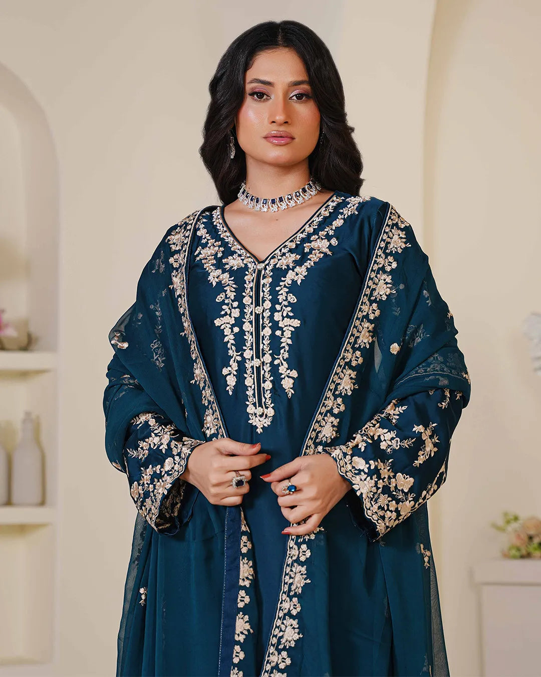 TEAL BLUE ZOYA HEAVY DESIGNER EMBROIDERD COLLECTION DNZ NO-1141