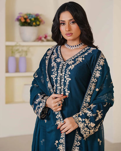 TEAL BLUE ZOYA HEAVY DESIGNER EMBROIDERD COLLECTION DNZ NO-1141