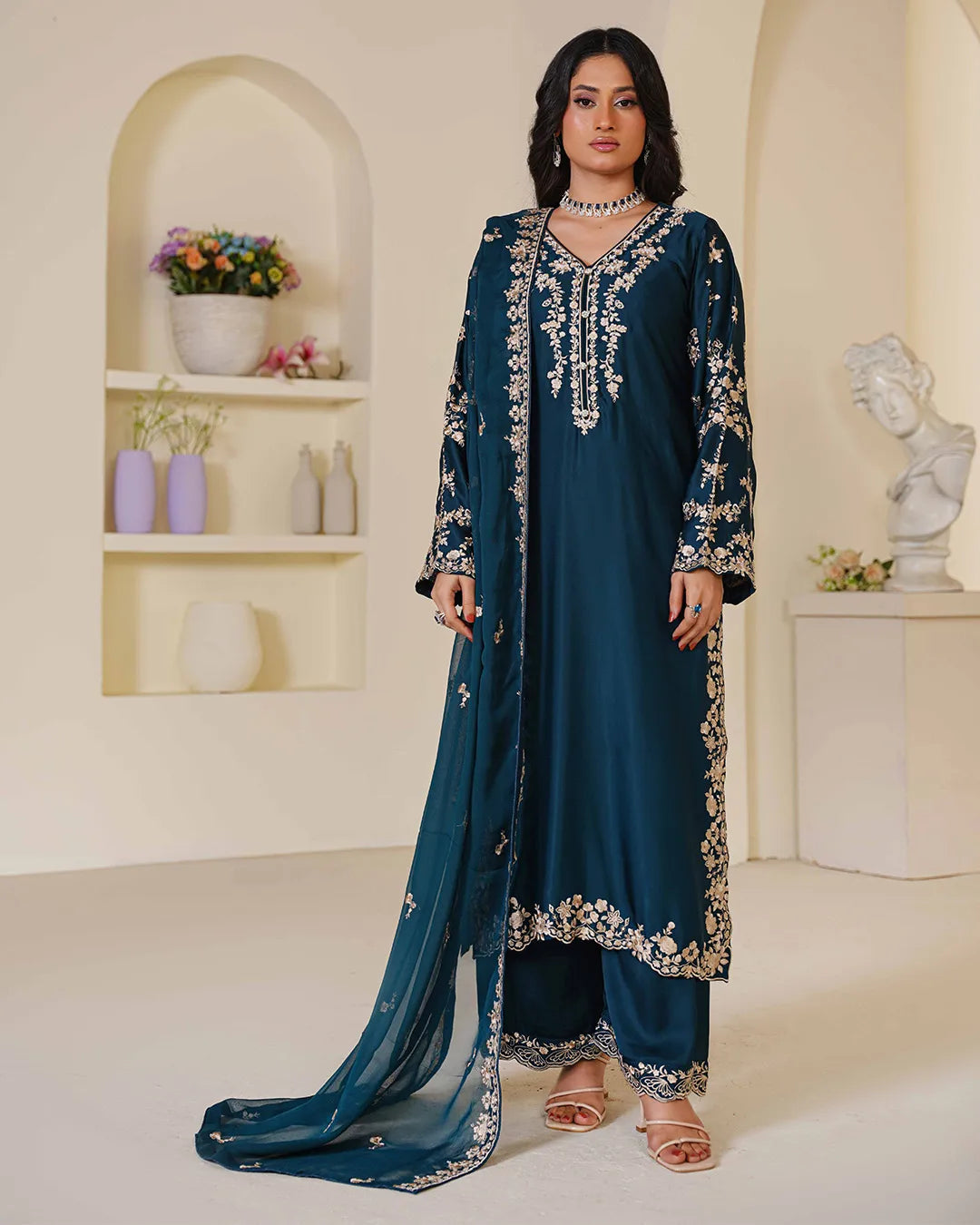 TEAL BLUE ZOYA HEAVY DESIGNER EMBROIDERD COLLECTION DNZ NO-1141