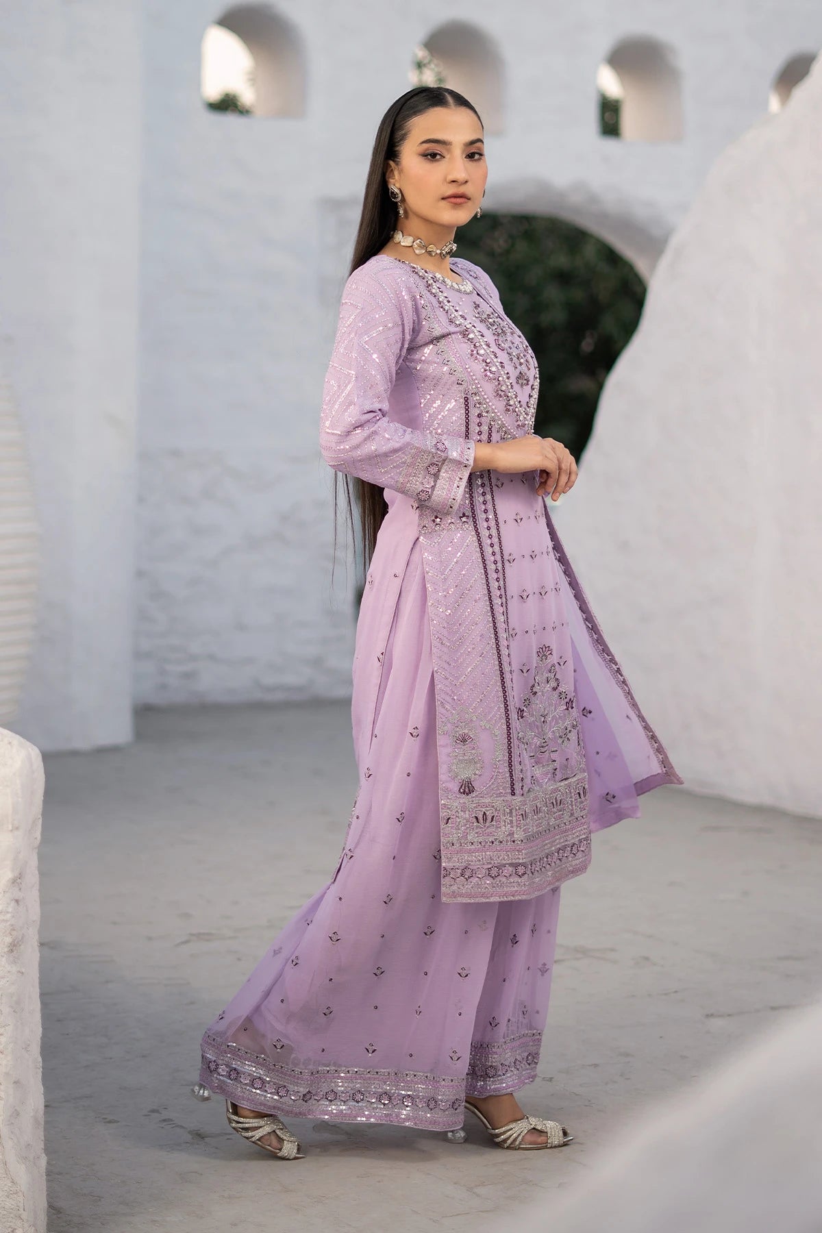 Festive Lilac Safa Sharara with Silver Embellishments-Design 5