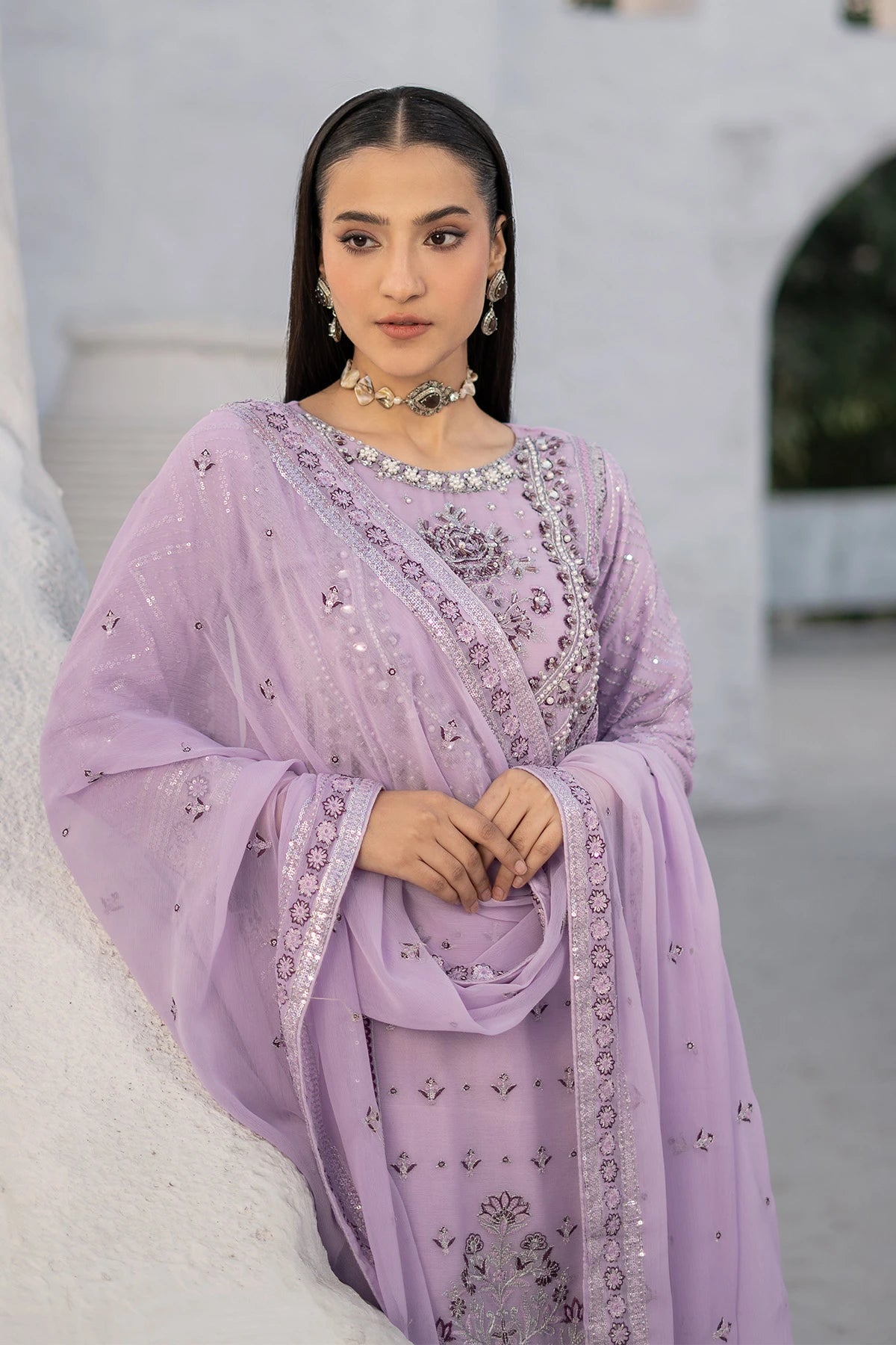 Festive Lilac Safa Sharara with Silver Embellishments-Design 5